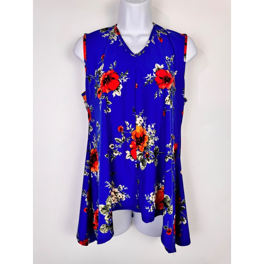 Wilde Floral Tank Top Women Medium Blue Sleeveless Sharkbite‎ Hem Cutout Back